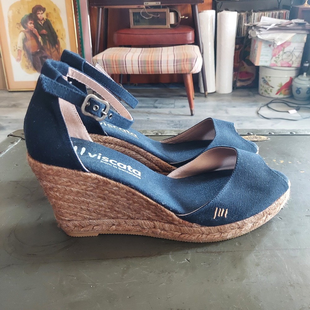 Viscata Barcelona Navy Blue Canvas Espadrille Wedge Sandals Peep Toe EU40 US9